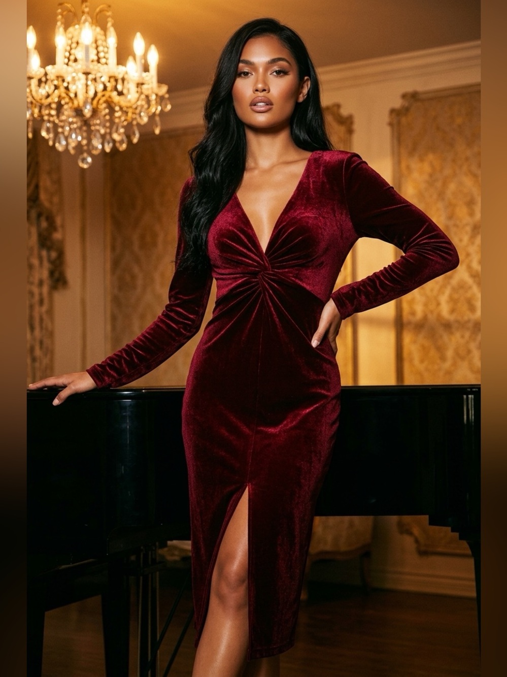 NWOT Petal & Pup Deep Wine Velvet Twist-Front Midi Dress